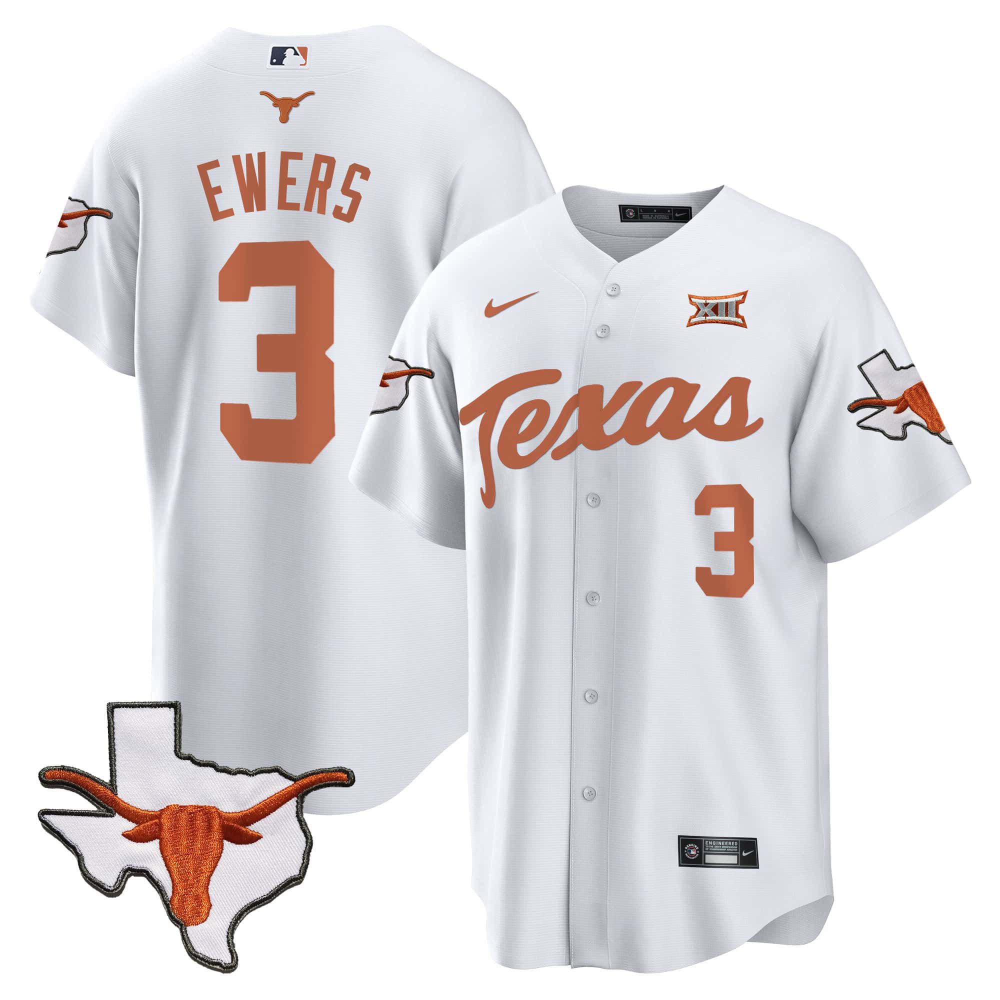 Men Texas Longhorns #3 Ewers White 2024 Baseball NCAA Jersey